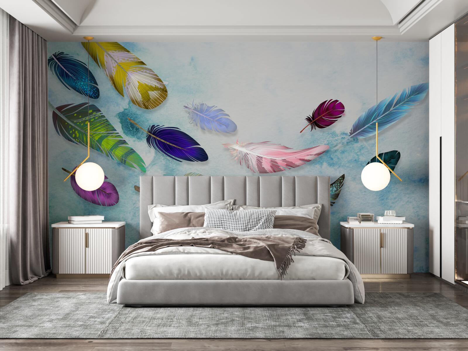 Fototapeta w powietrzu unoszą się pióra o różnych kształtach i odcieniach