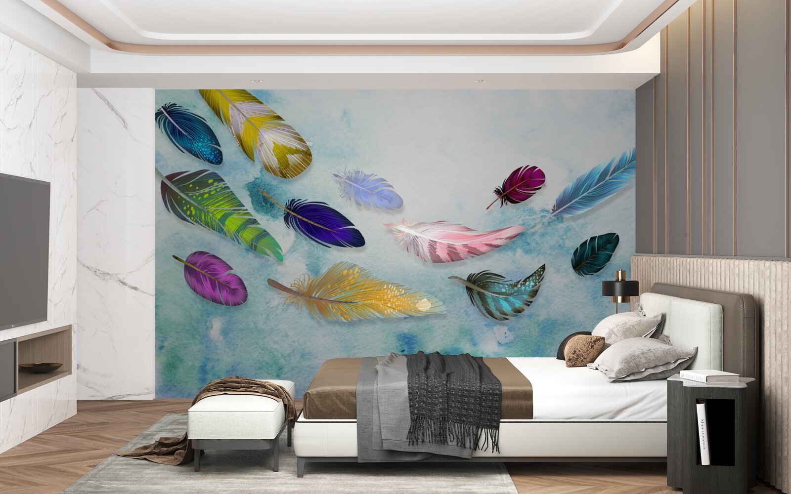 Fototapeta w powietrzu unoszą się pióra o różnych kształtach i odcieniach