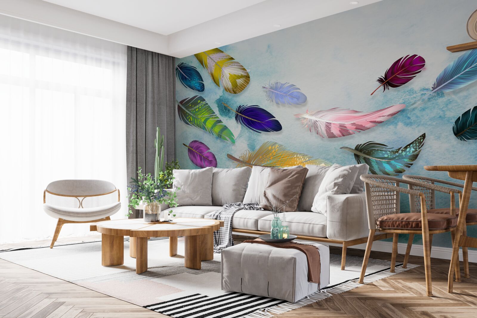 Fototapeta w powietrzu unoszą się pióra o różnych kształtach i odcieniach