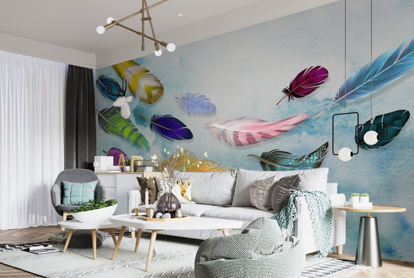 Fototapeta w powietrzu unoszą się pióra o różnych kształtach i odcieniach