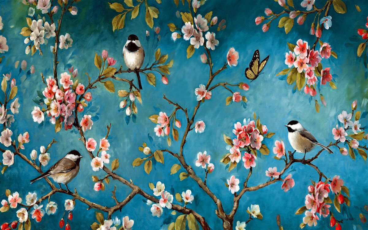 Fototapeta kwitnące gałęzie z ptakami na tle lazurowego nieba