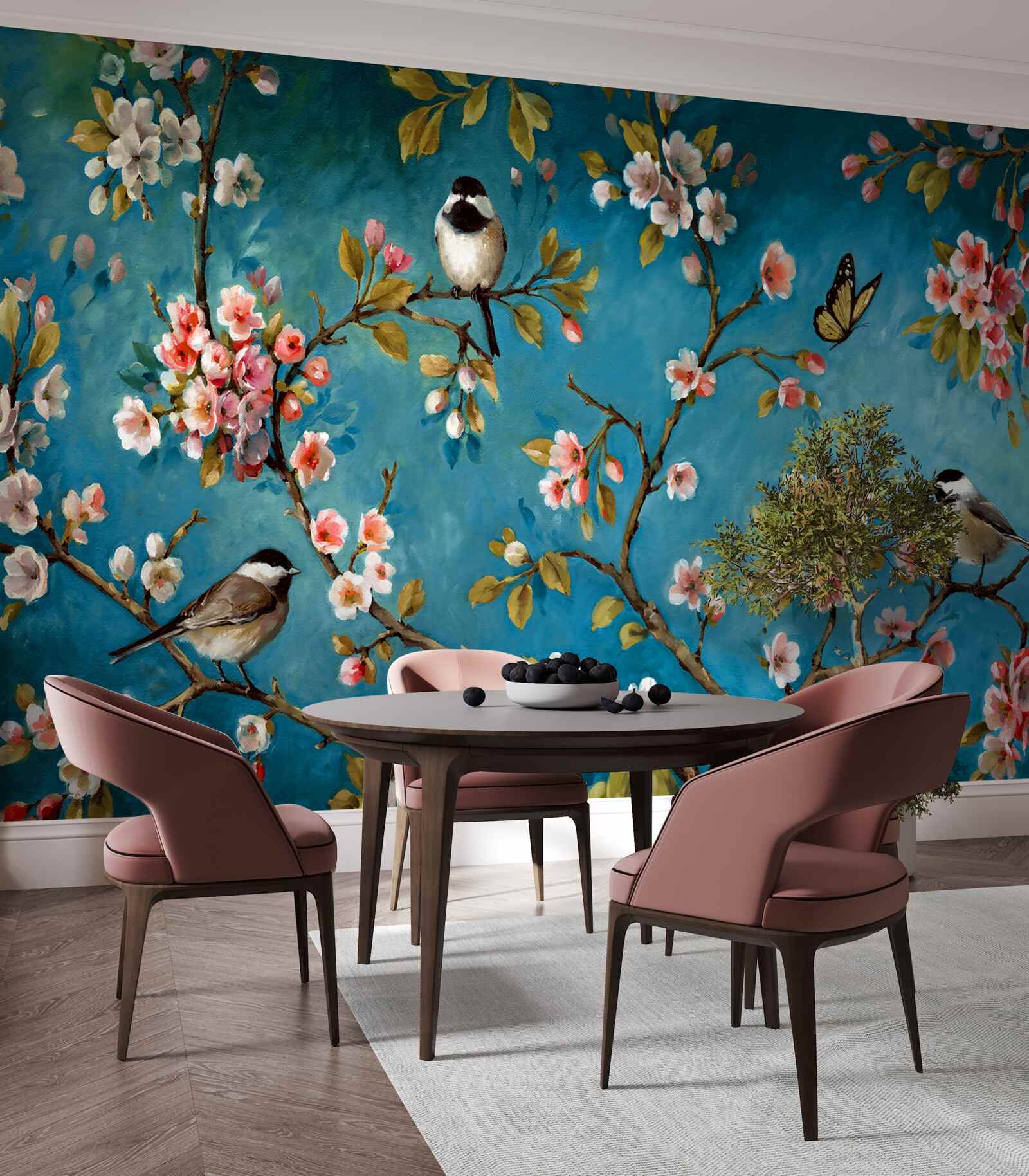 Fototapeta kwitnące gałęzie z ptakami na tle lazurowego nieba