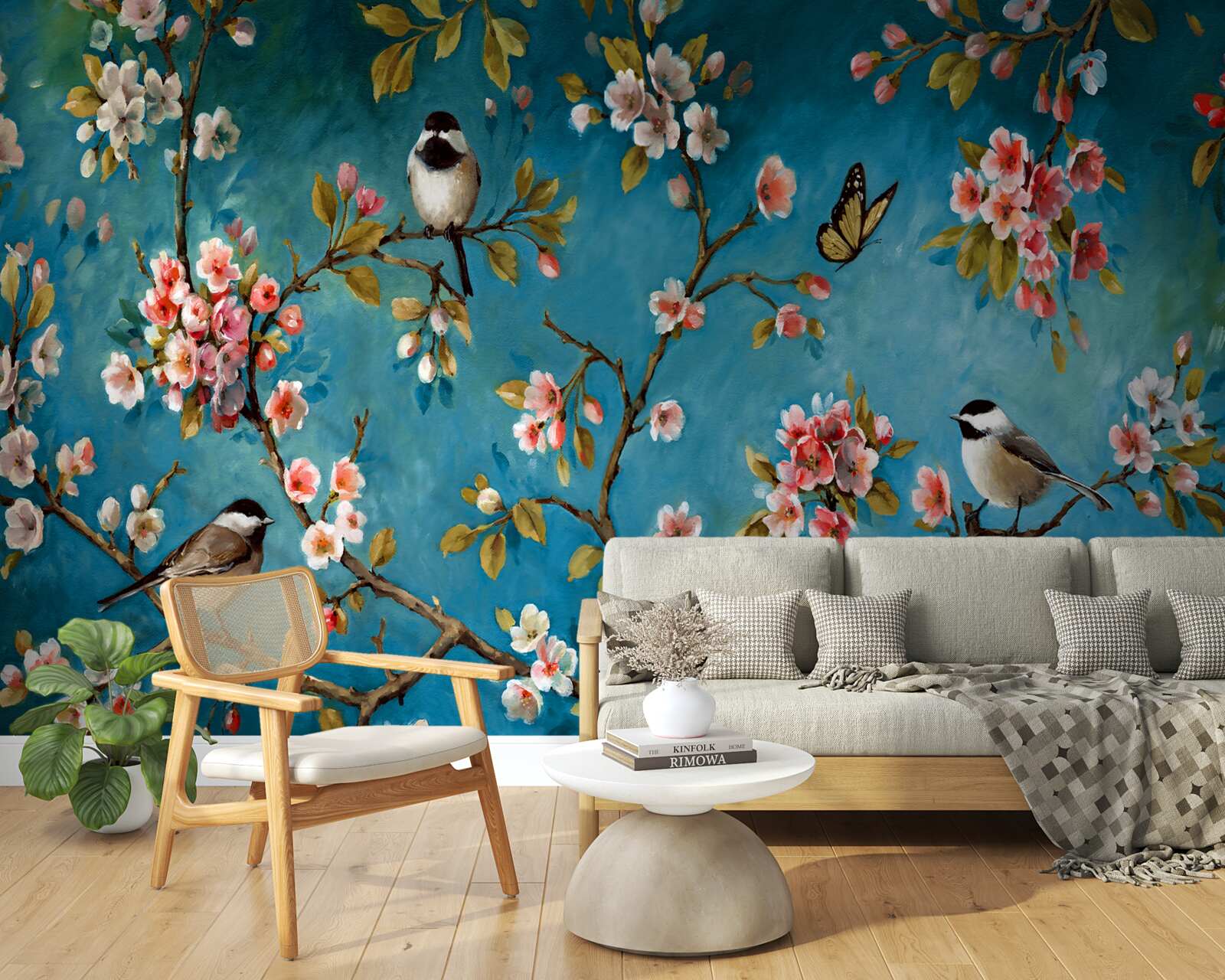 Fototapeta kwitnące gałęzie z ptakami na tle lazurowego nieba