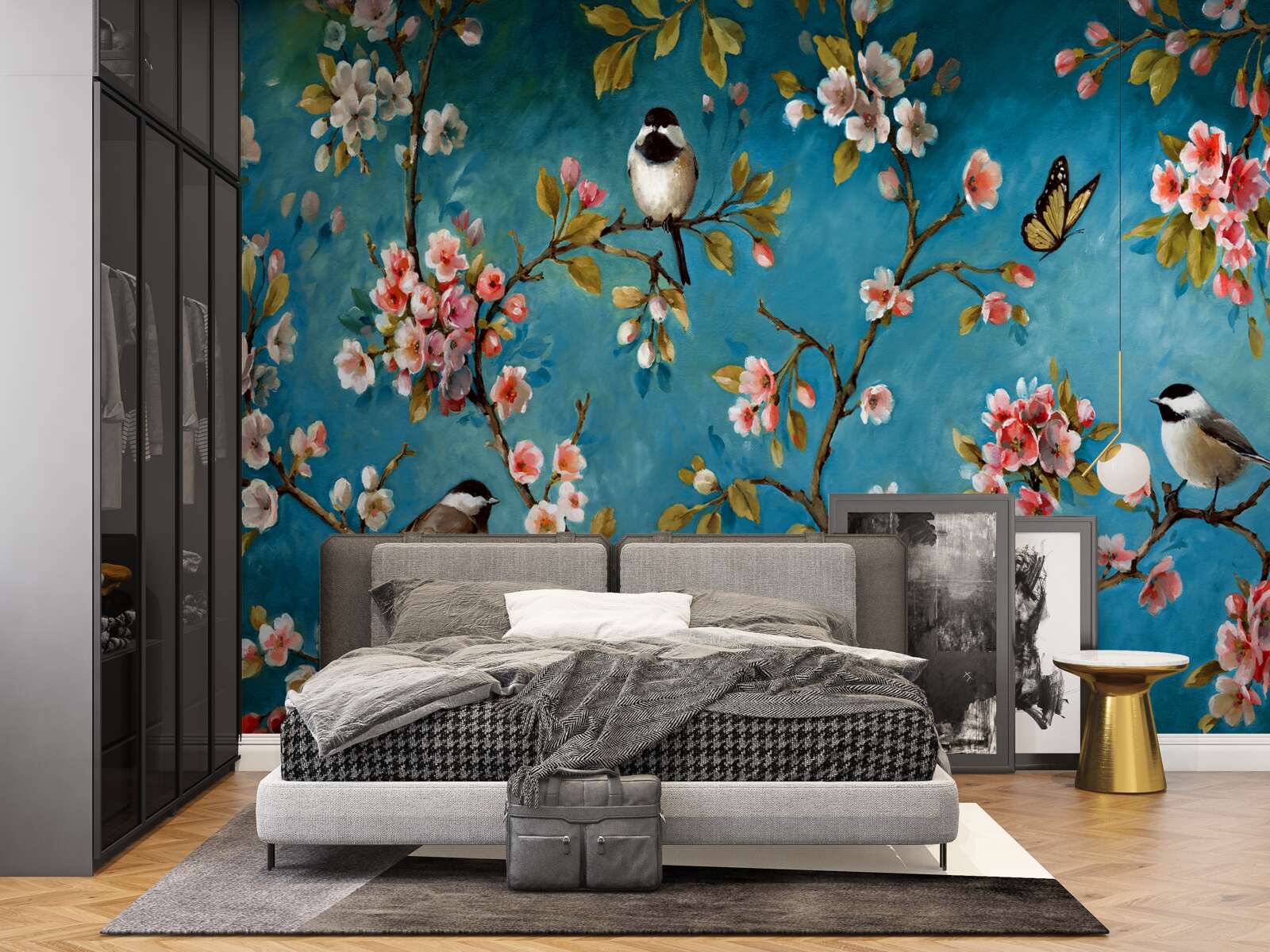 Fototapeta kwitnące gałęzie z ptakami na tle lazurowego nieba