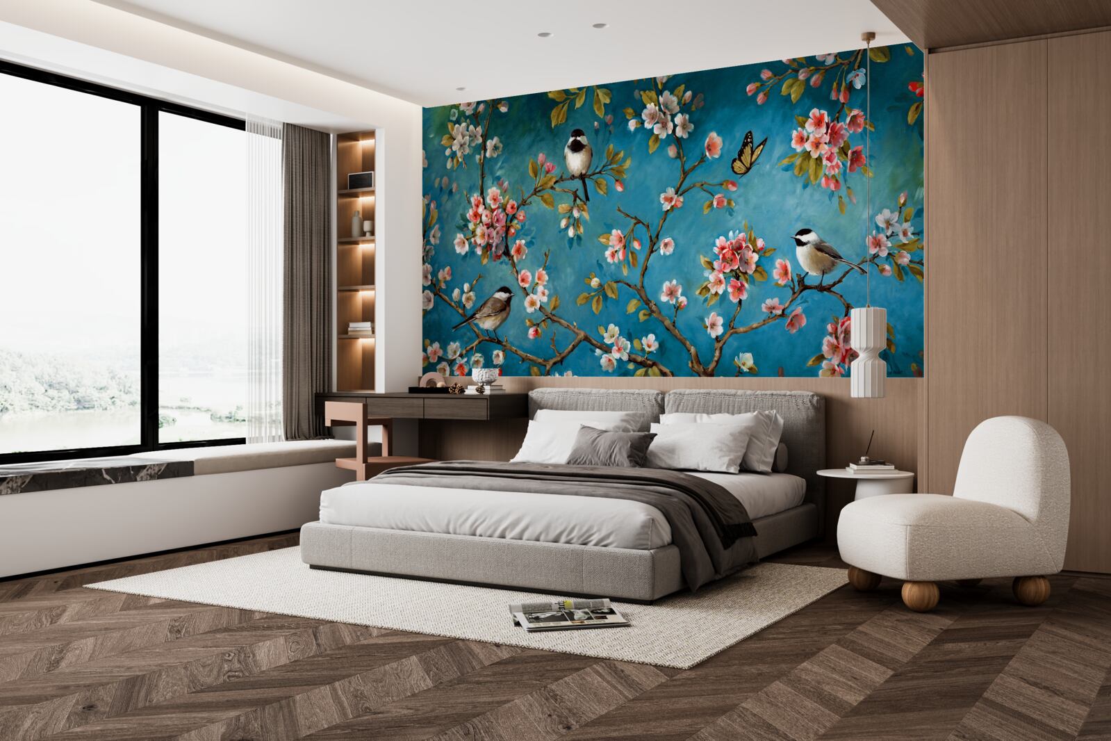 Fototapeta kwitnące gałęzie z ptakami na tle lazurowego nieba