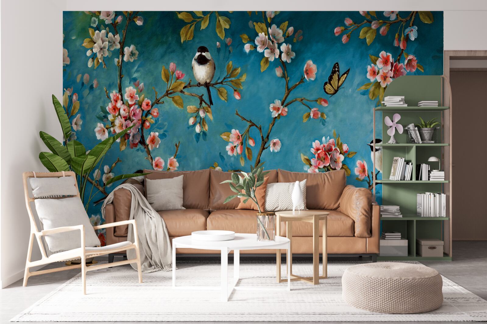 Fototapeta kwitnące gałęzie z ptakami na tle lazurowego nieba