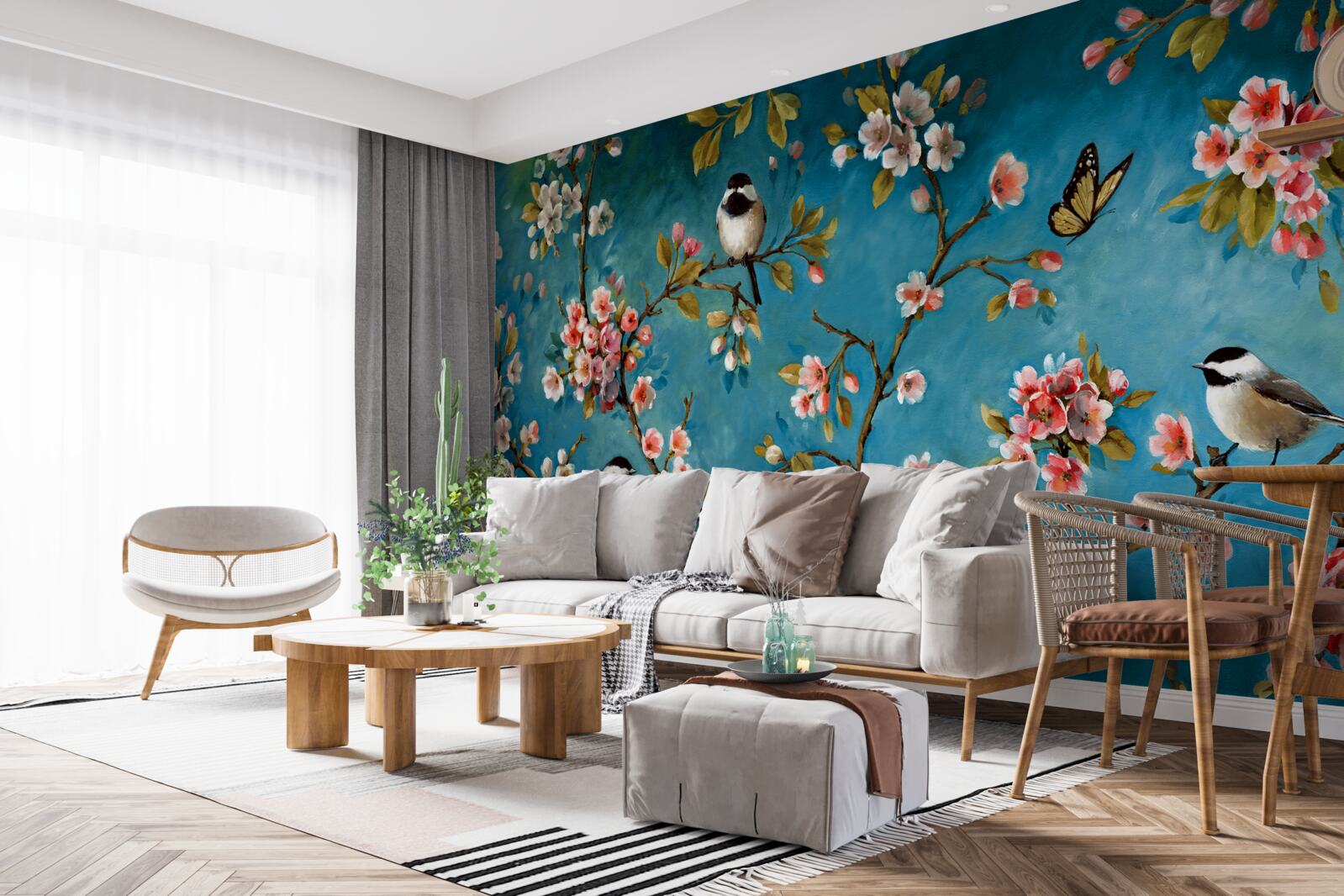 Fototapeta kwitnące gałęzie z ptakami na tle lazurowego nieba