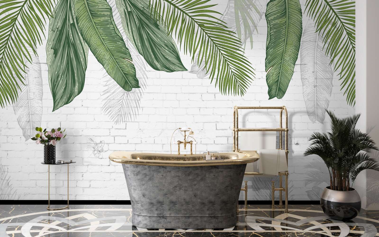 Fototapeta cegła jest dokładnie pokryta zielonymi liśćmi