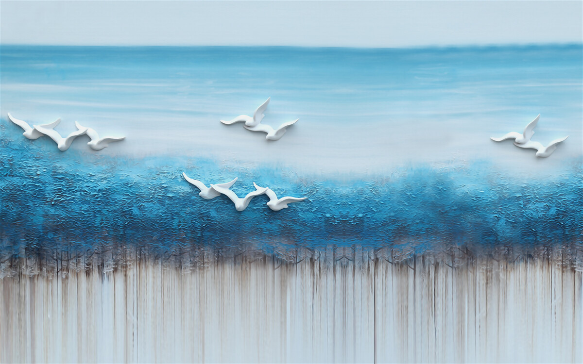 Fototapeta Śnieżnobiałe ptaki nad niebieskawymi chmurami