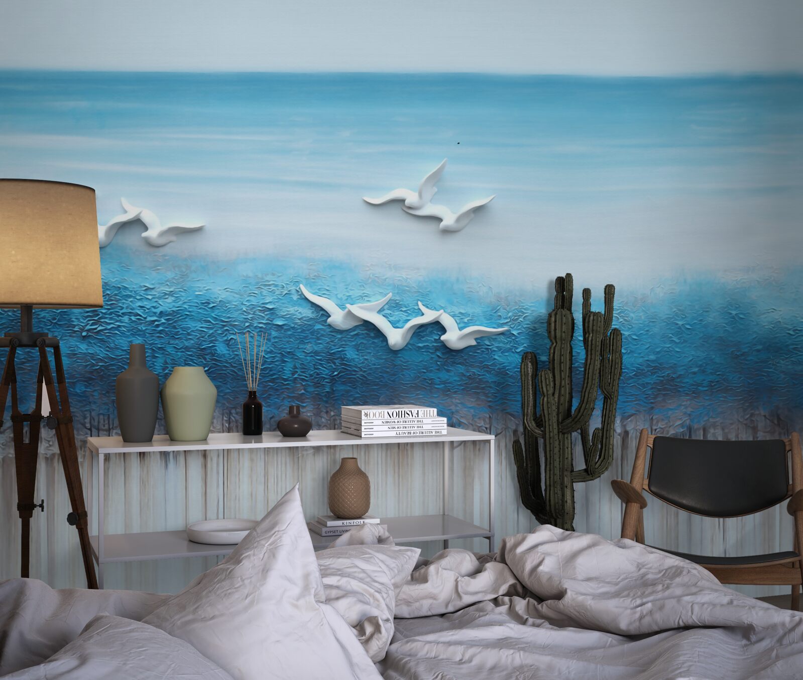 Fototapeta Śnieżnobiałe ptaki nad niebieskawymi chmurami