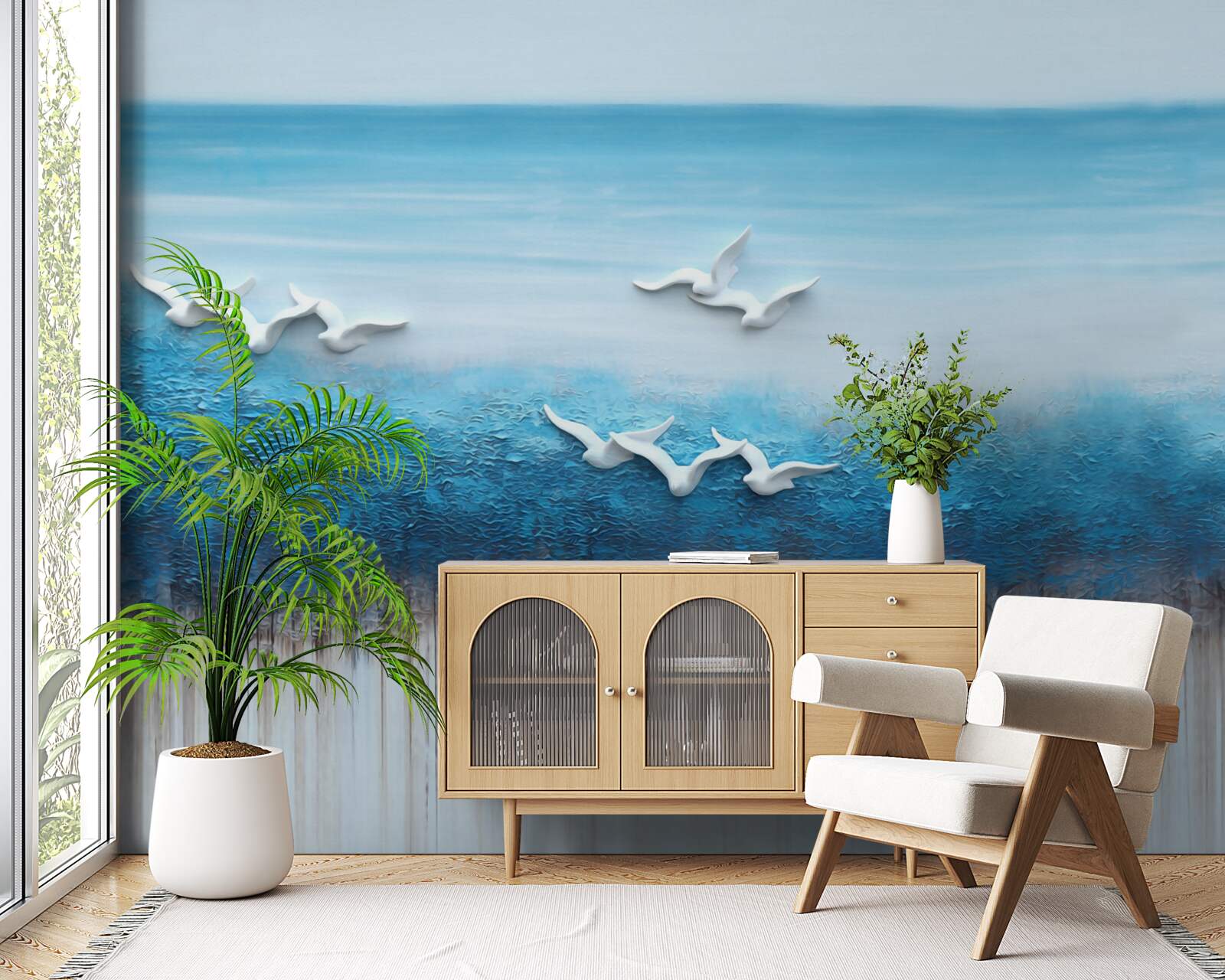 Fototapeta Śnieżnobiałe ptaki nad niebieskawymi chmurami