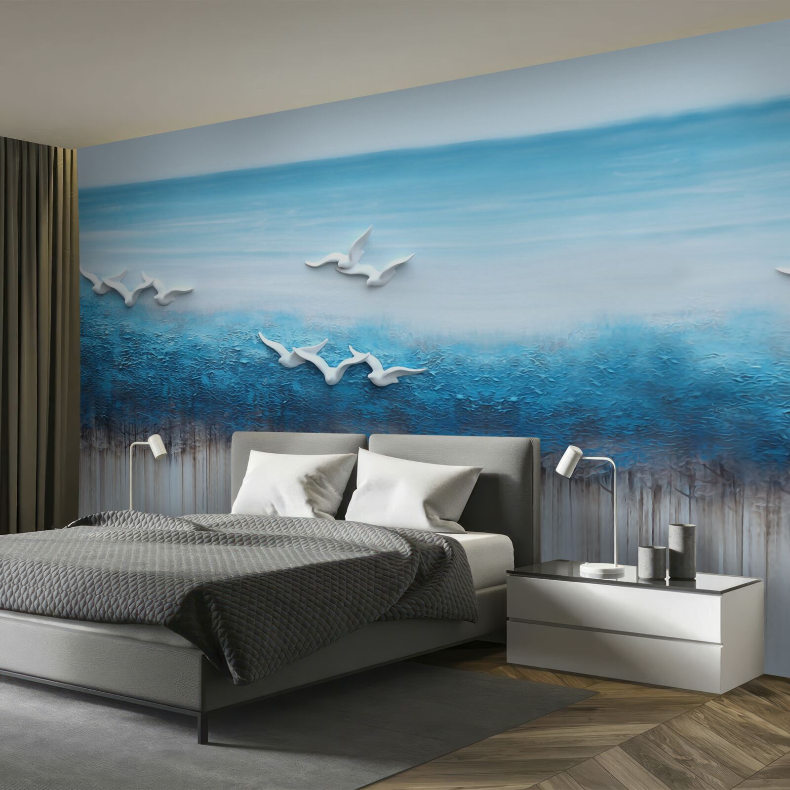 Fototapeta Śnieżnobiałe ptaki nad niebieskawymi chmurami