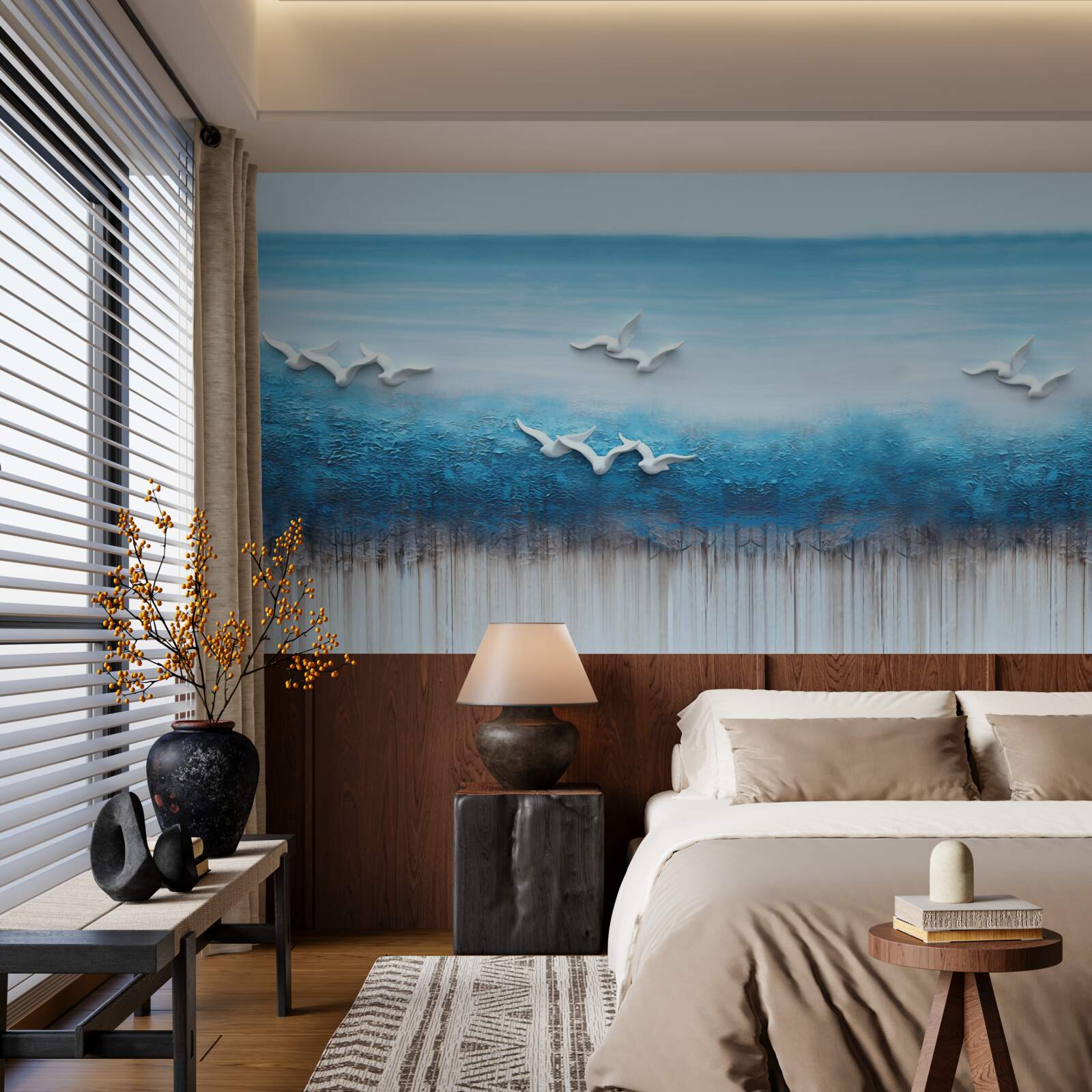 Fototapeta Śnieżnobiałe ptaki nad niebieskawymi chmurami