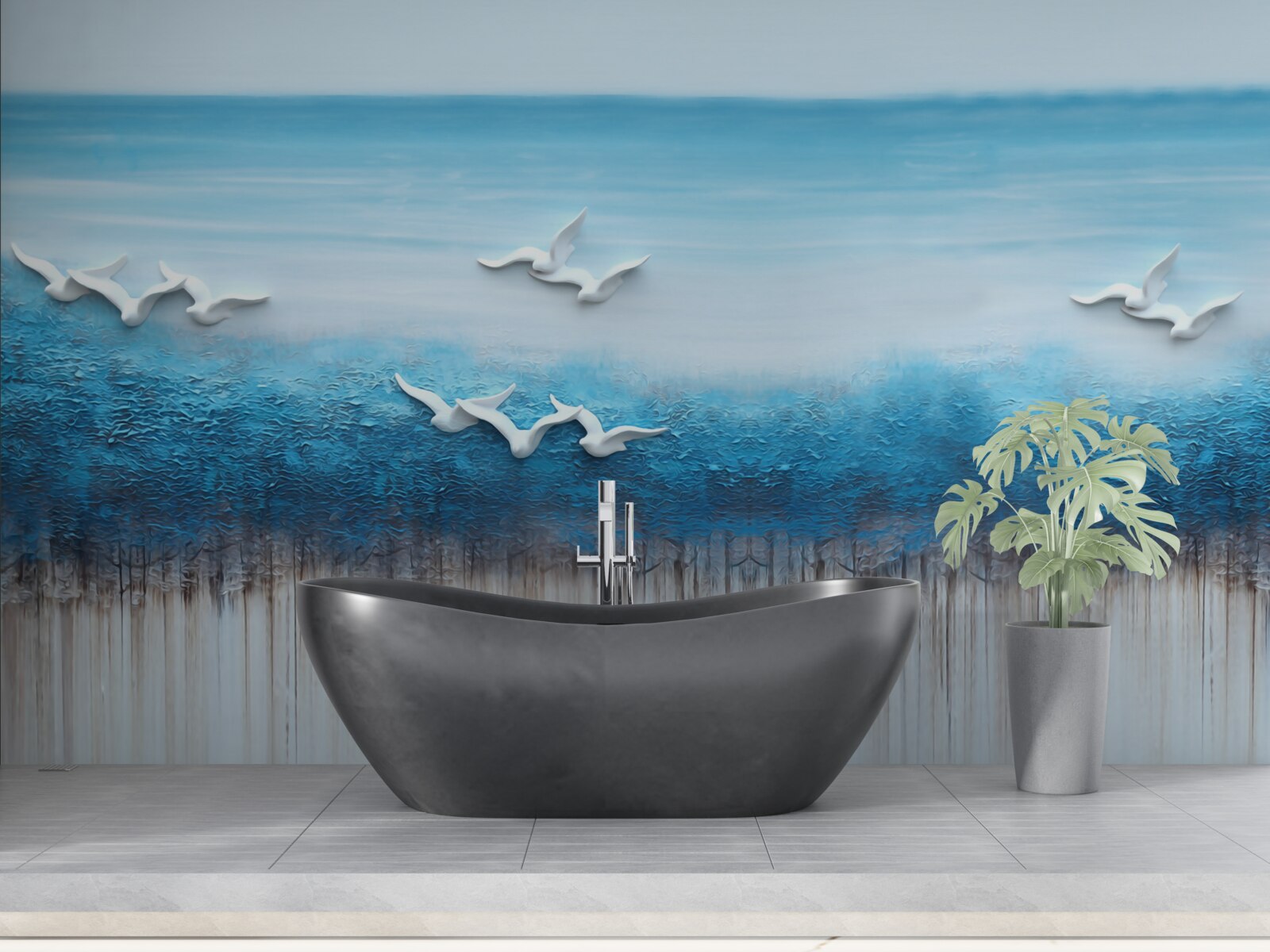 Fototapeta Śnieżnobiałe ptaki nad niebieskawymi chmurami