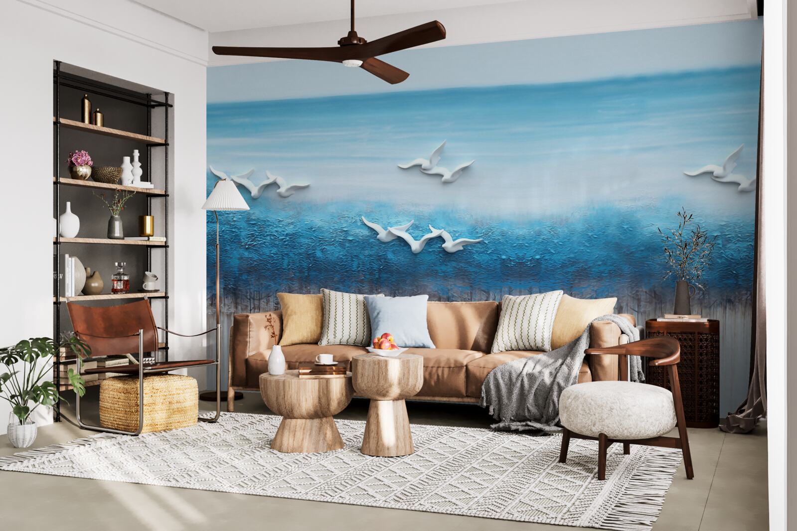 Fototapeta Śnieżnobiałe ptaki nad niebieskawymi chmurami