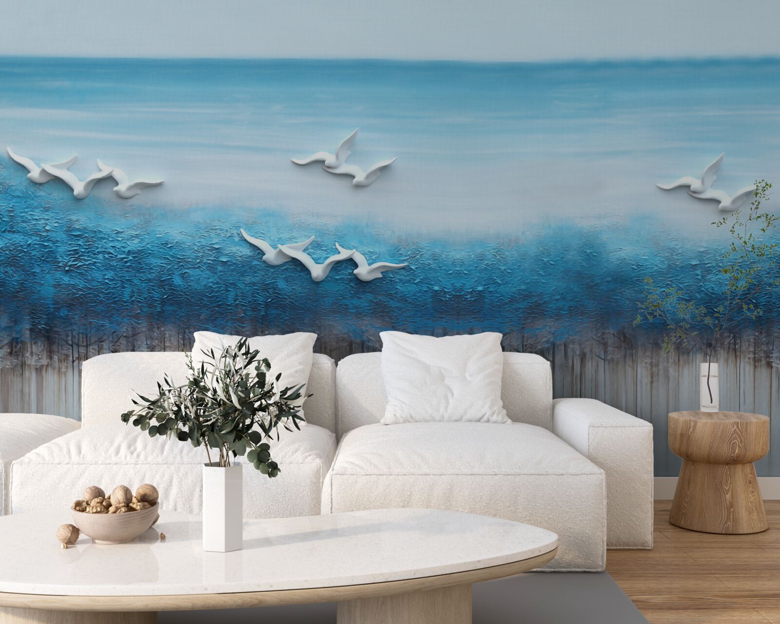 Fototapeta Śnieżnobiałe ptaki nad niebieskawymi chmurami