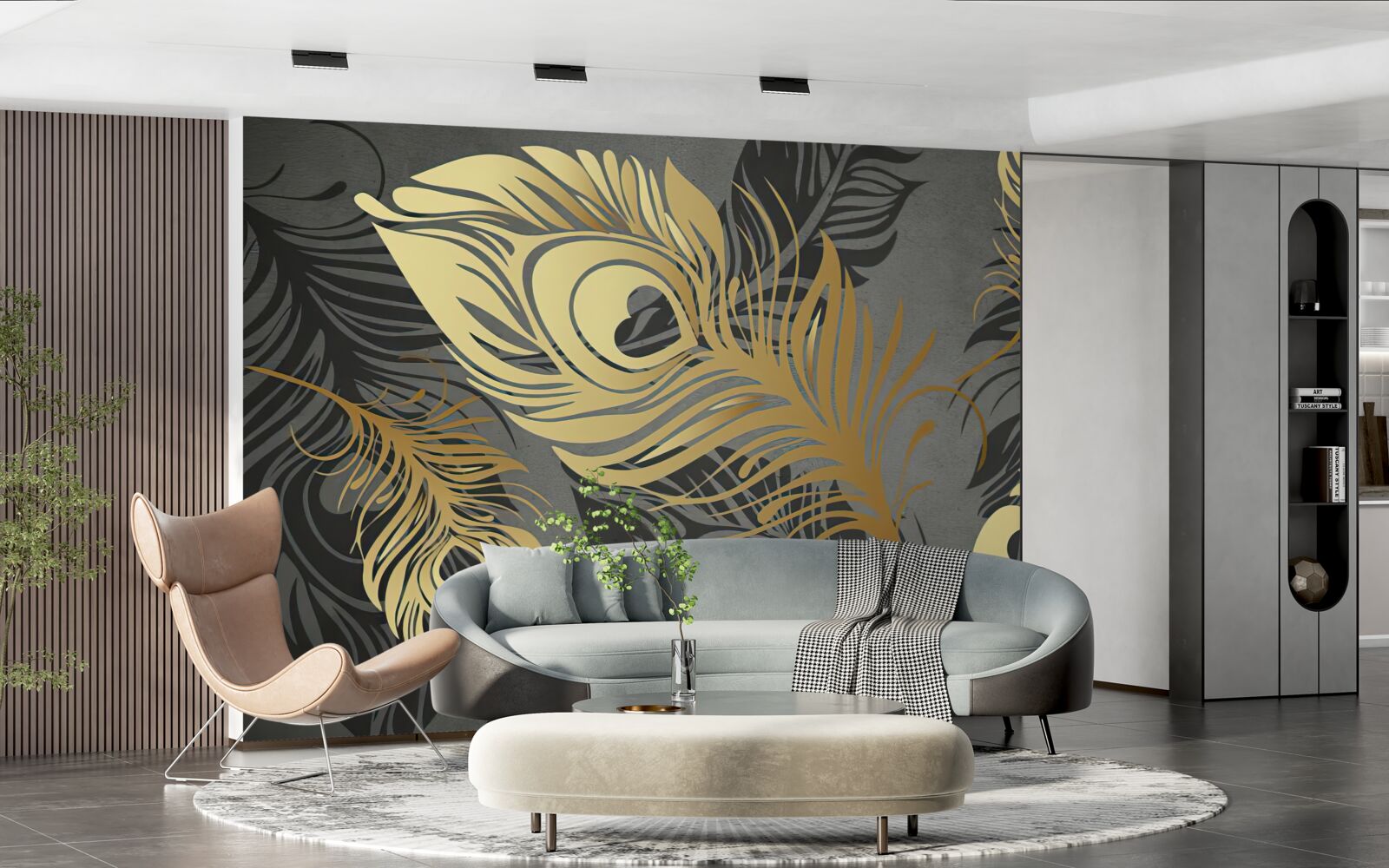 Fototapeta pióra z ażurową złotą dekoracją