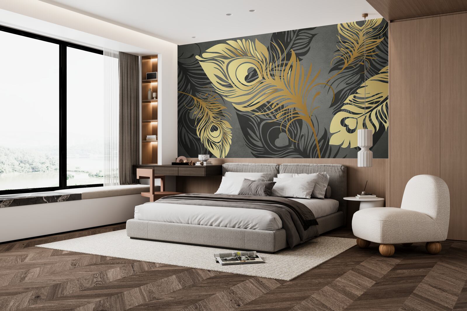 Fototapeta pióra z ażurową złotą dekoracją