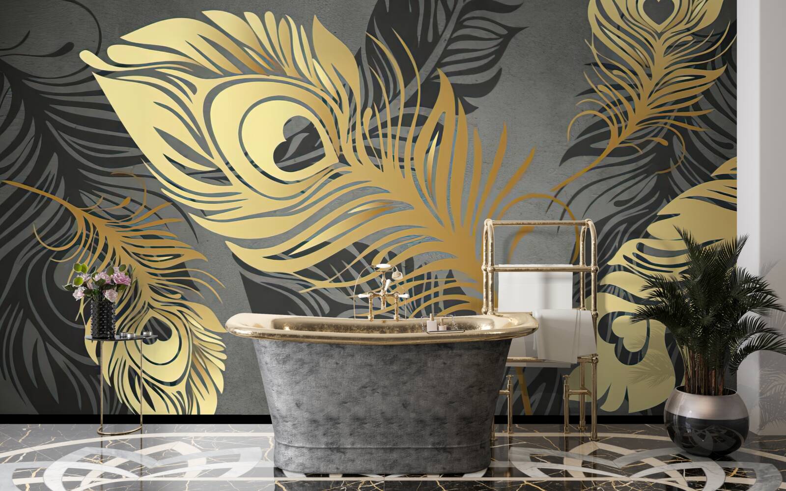 Fototapeta pióra z ażurową złotą dekoracją