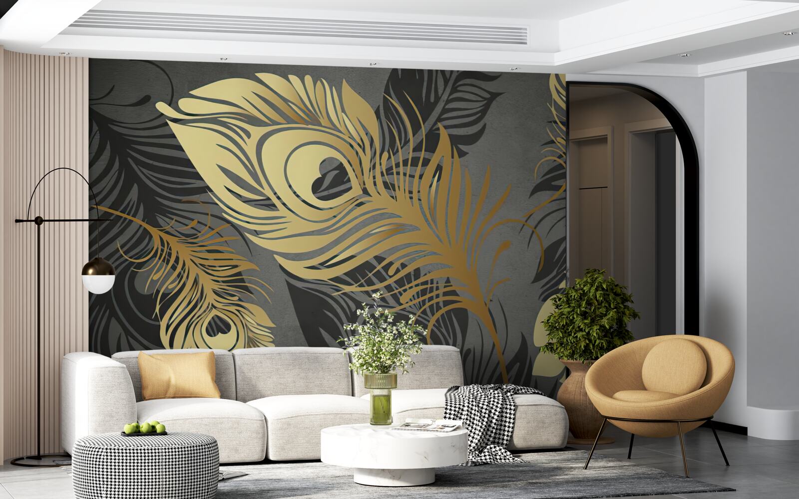 Fototapeta pióra z ażurową złotą dekoracją