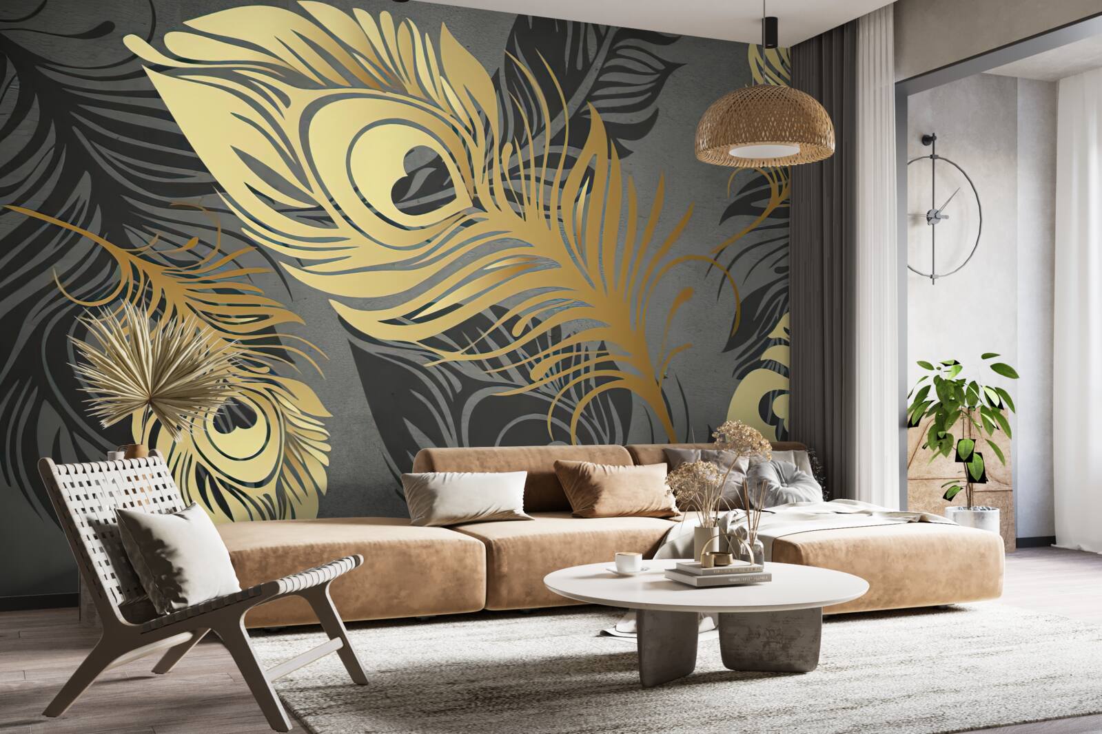 Fototapeta pióra z ażurową złotą dekoracją