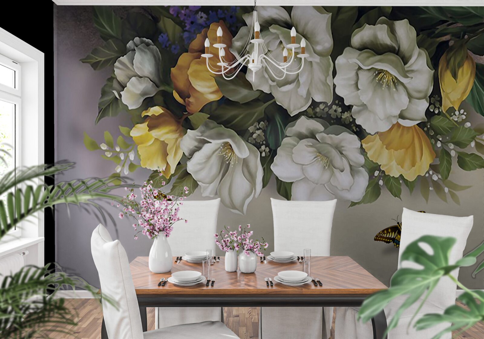 Fototapeta dwa lepidoptery w biało-żółtych tulipanach