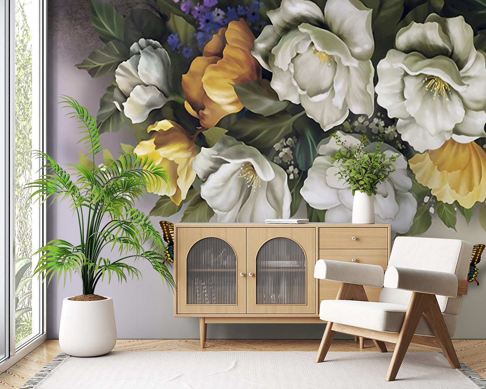 Fototapeta dwa lepidoptery w biało-żółtych tulipanach