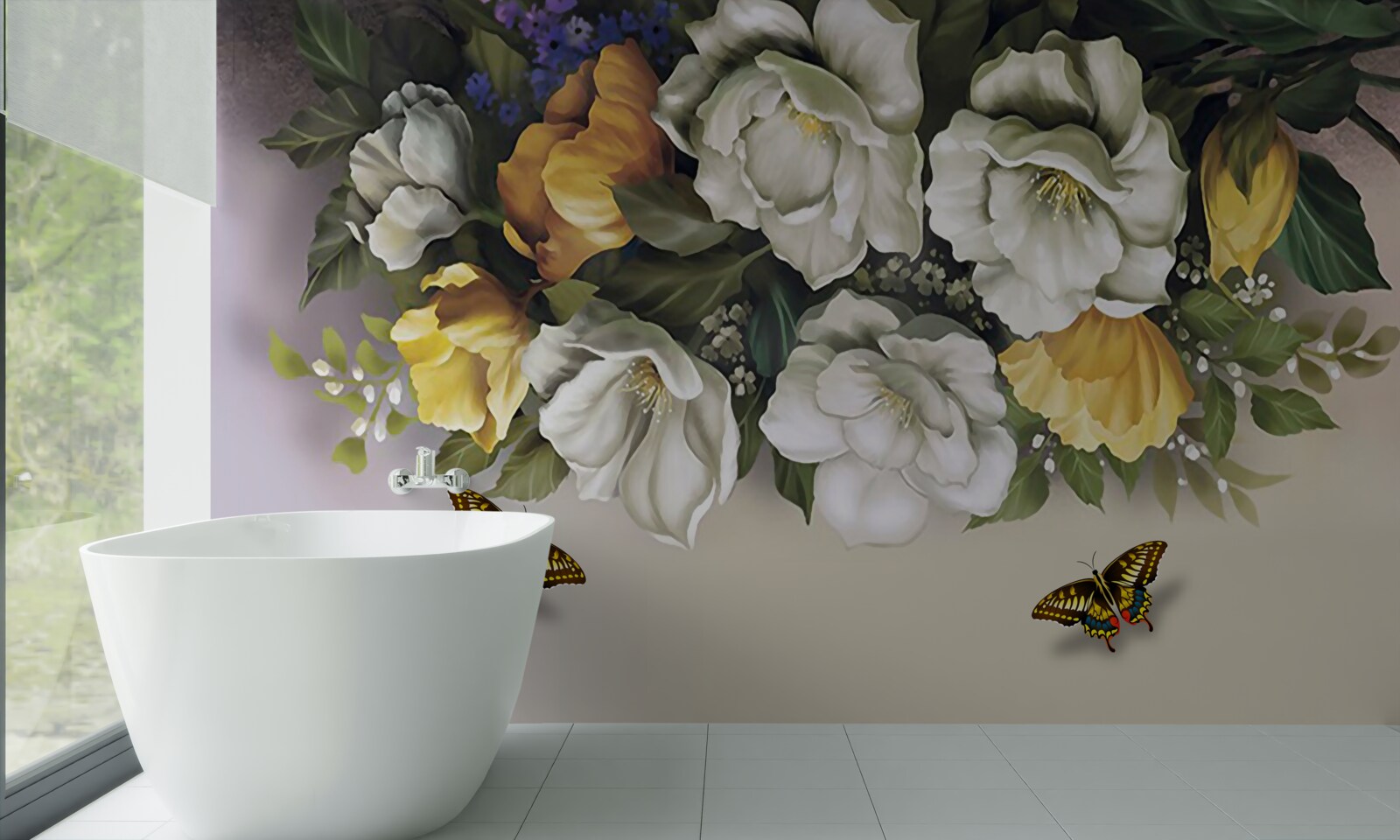 Fototapeta dwa lepidoptery w biało-żółtych tulipanach