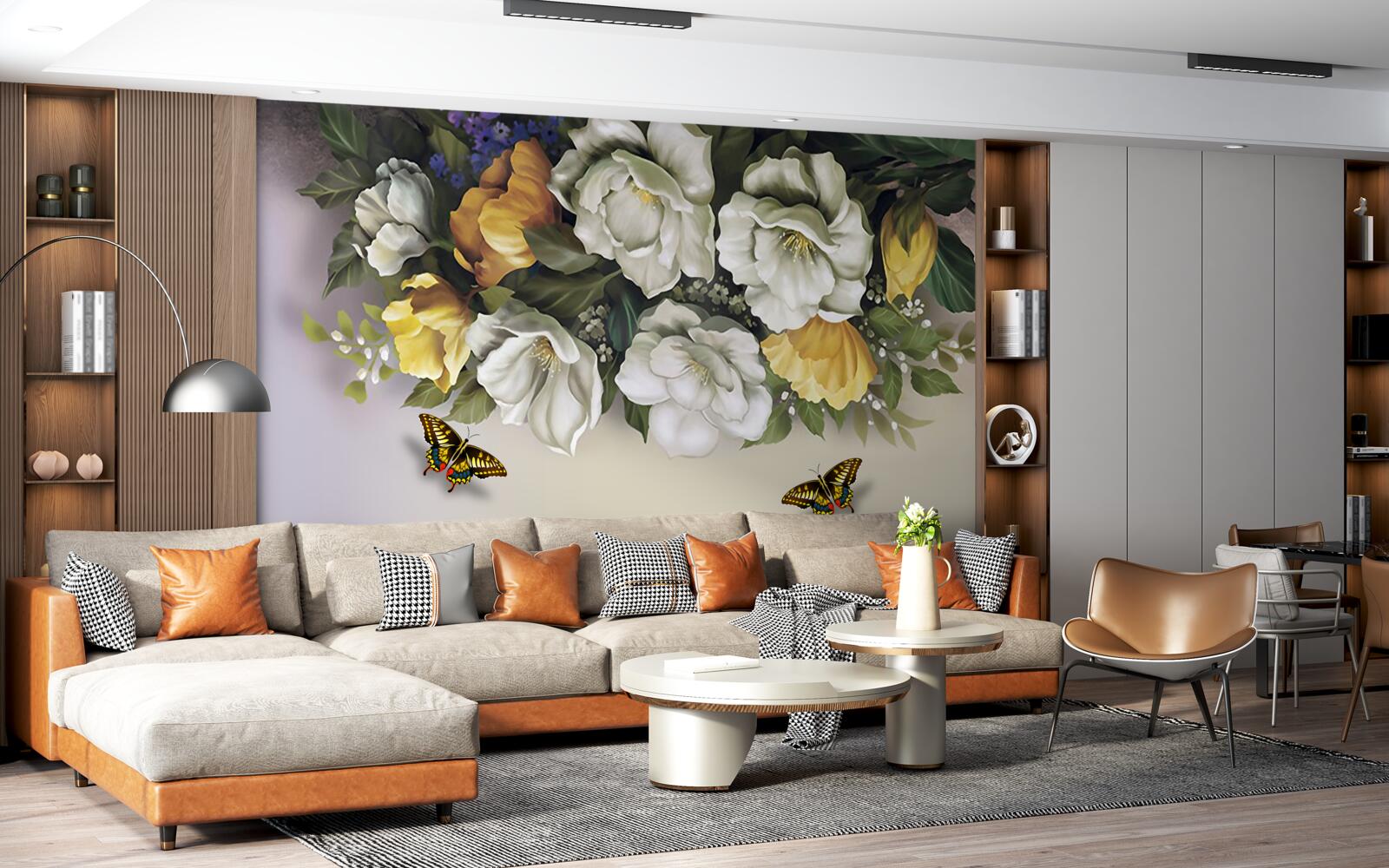 Fototapeta dwa lepidoptery w biało-żółtych tulipanach