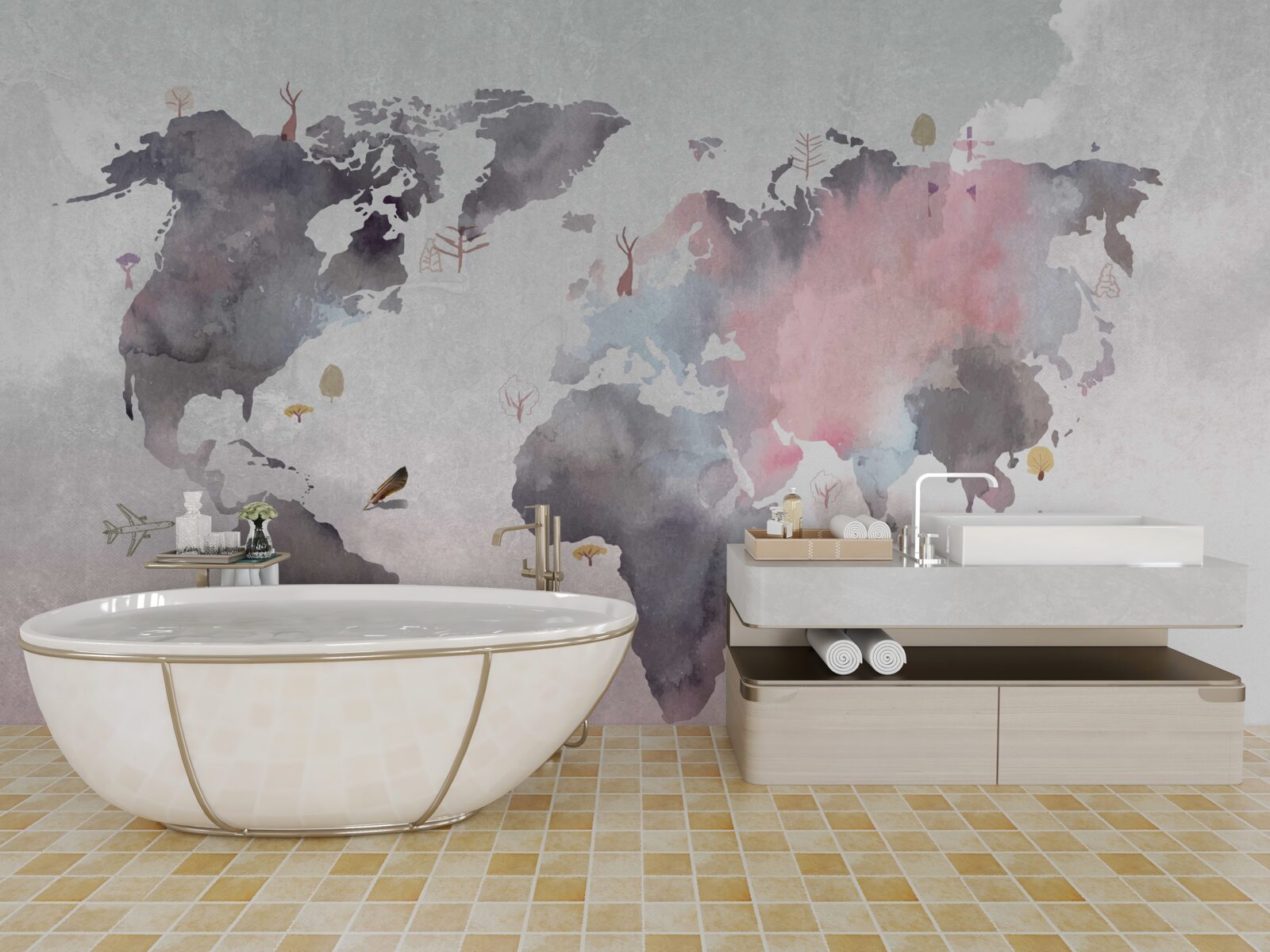 Fototapeta mapa świata wykonana akwarelą