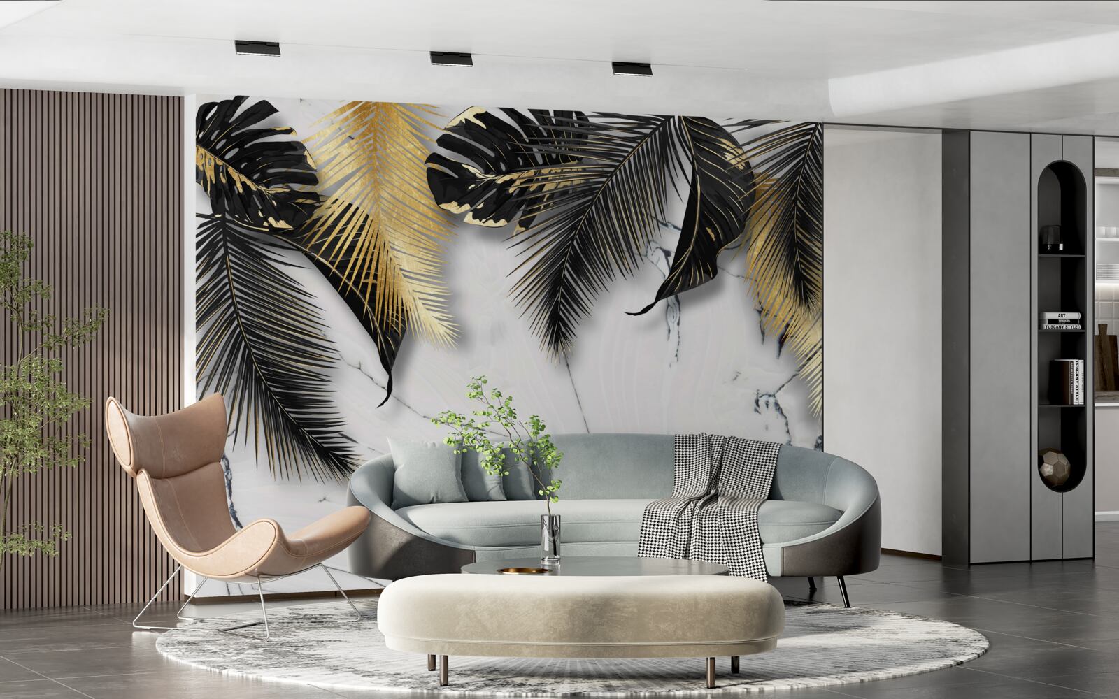 Fototapeta marmur jest usiany brązowymi i czarnymi liśćmi