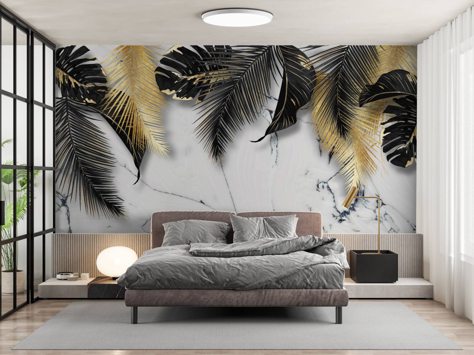 Fototapeta marmur jest usiany brązowymi i czarnymi liśćmi