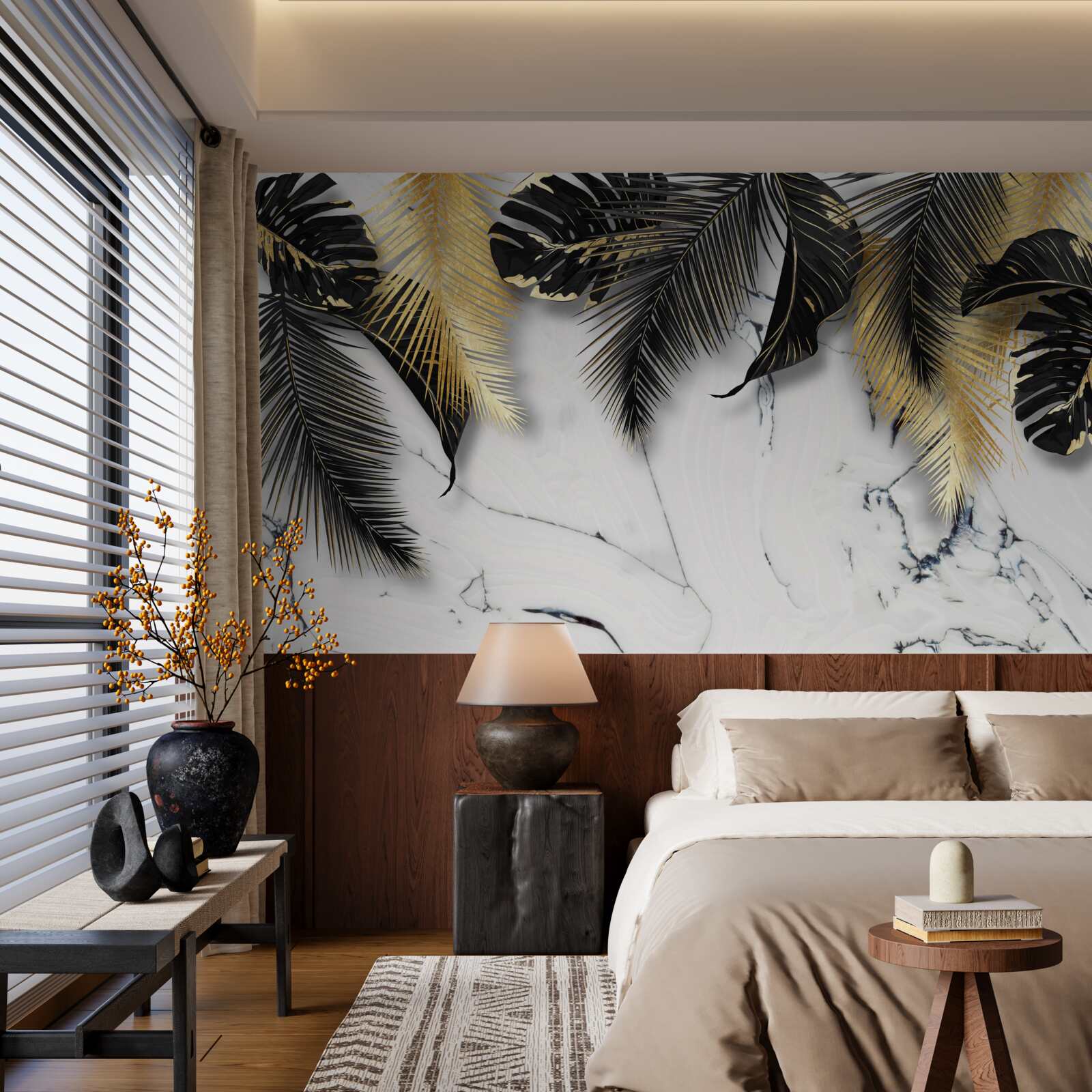 Fototapeta marmur jest usiany brązowymi i czarnymi liśćmi