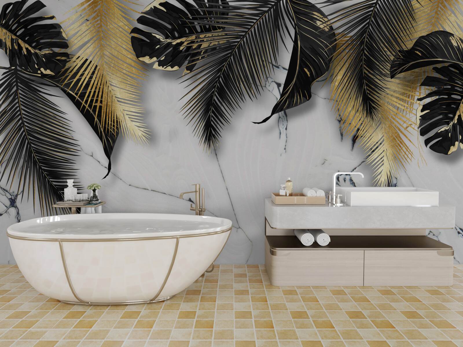 Fototapeta marmur jest usiany brązowymi i czarnymi liśćmi