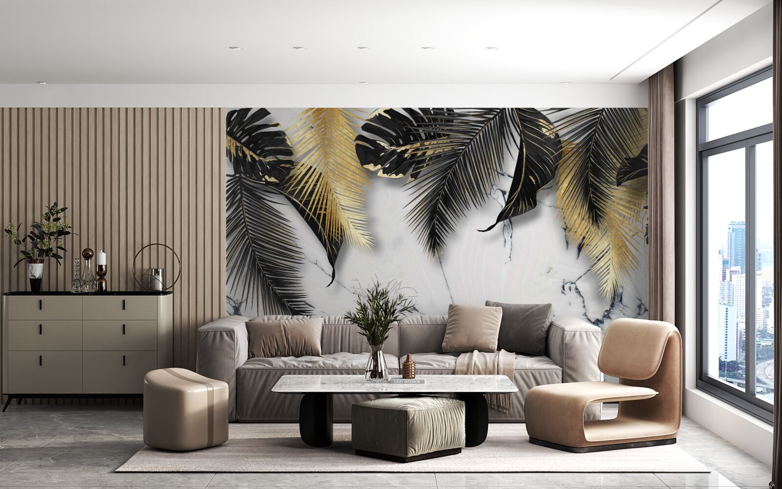 Fototapeta marmur jest usiany brązowymi i czarnymi liśćmi