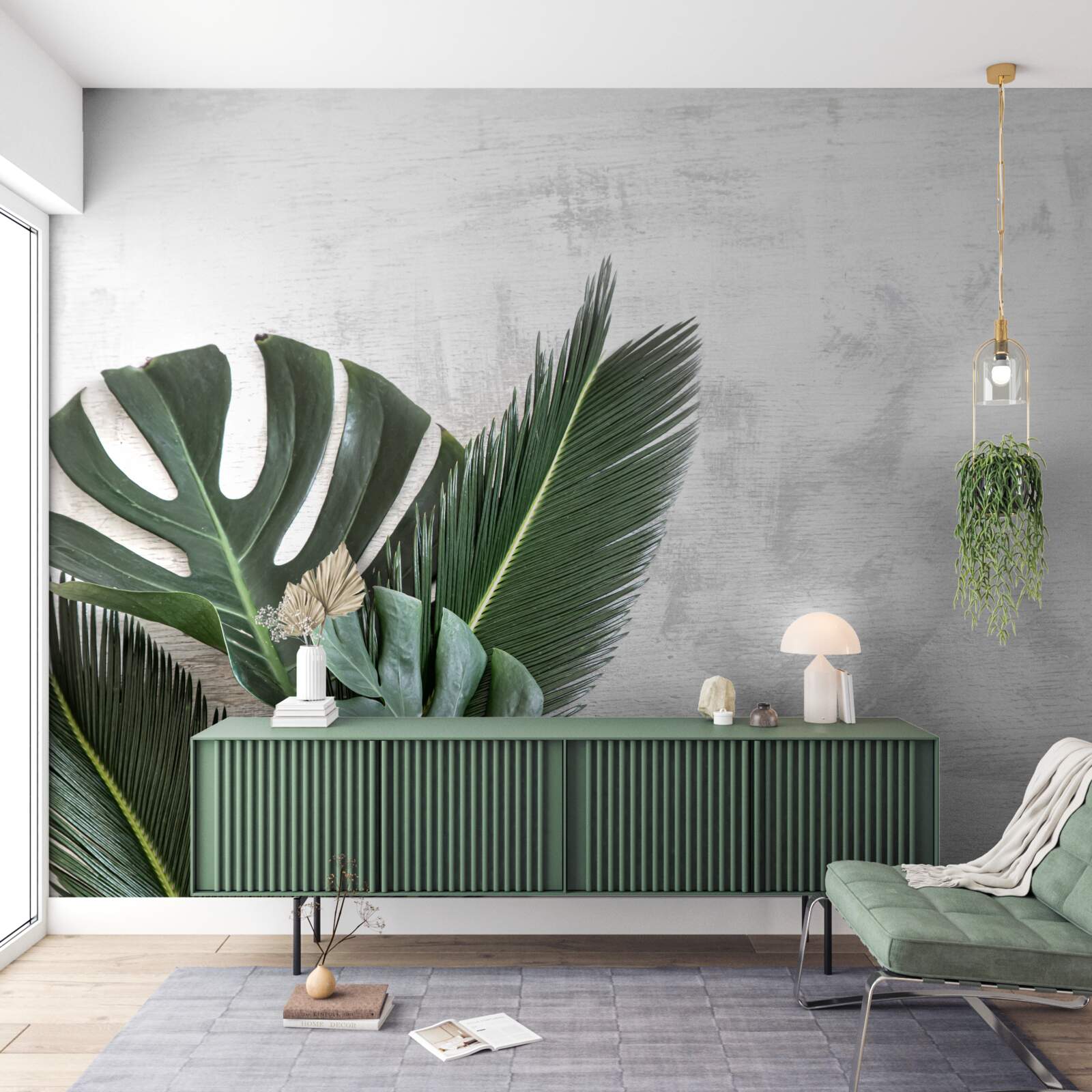 Fototapeta szare tło podkreśla zieleń paproci