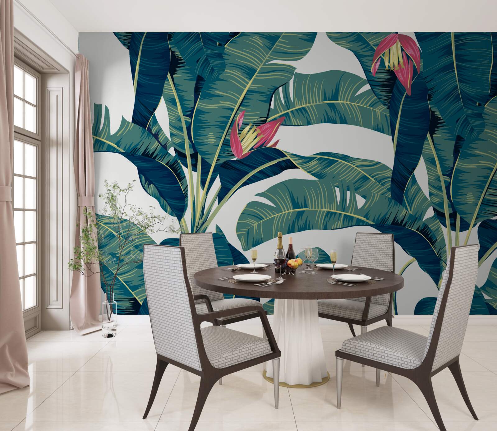 Fototapeta kwiaty wśród zieleni tropikalnych liści