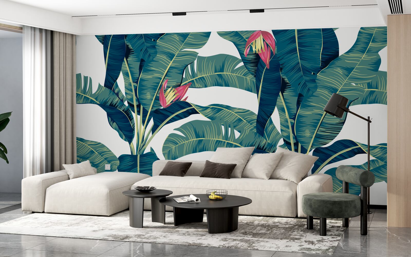 Fototapeta kwiaty wśród zieleni tropikalnych liści