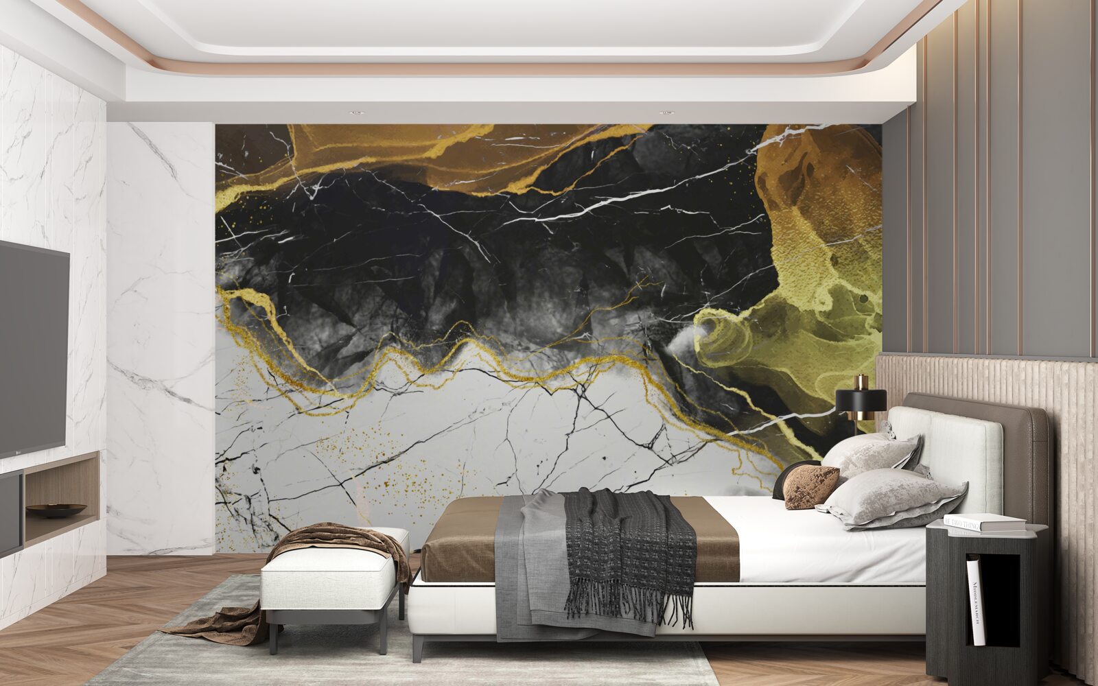 Fototapeta marmur czarno-biały ze złotymi odcieniami