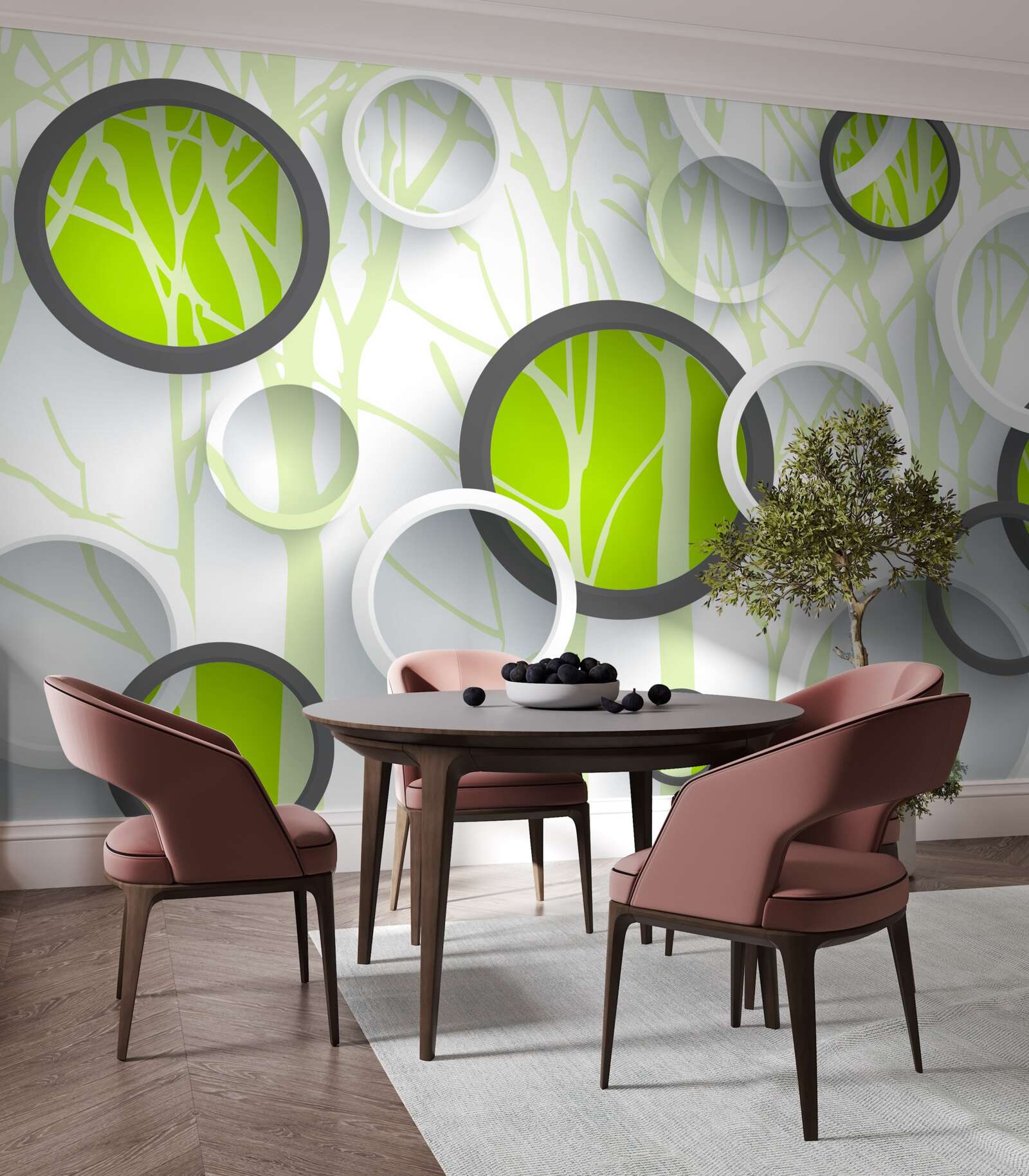 Fototapeta kręgi koloru zielonego przeplatane na zalesionym tle