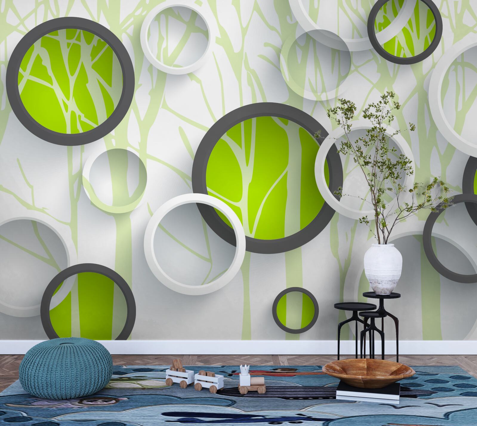 Fototapeta kręgi koloru zielonego przeplatane na zalesionym tle