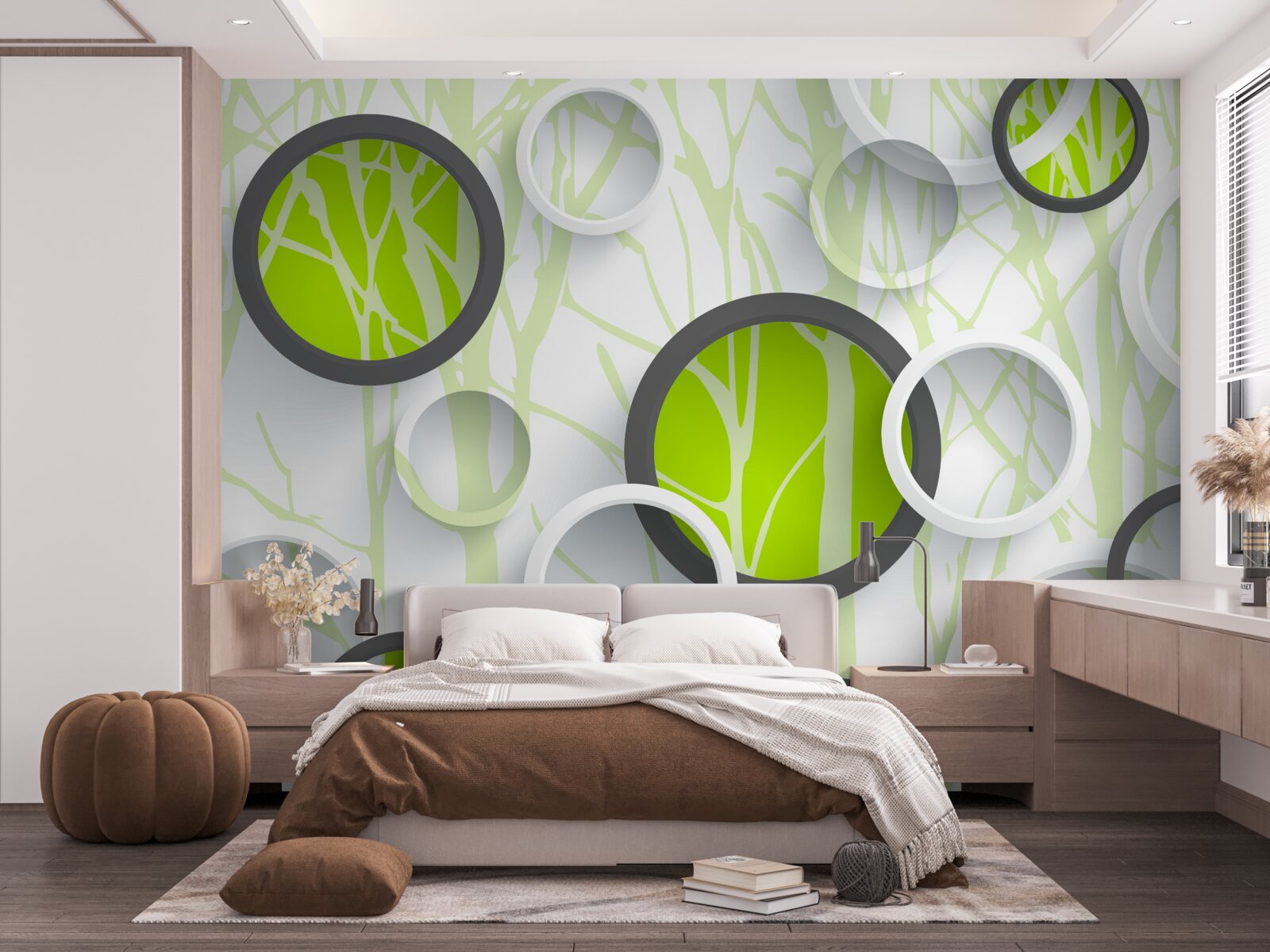 Fototapeta kręgi koloru zielonego przeplatane na zalesionym tle