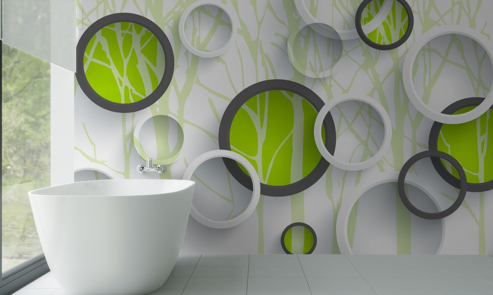 Fototapeta kręgi koloru zielonego przeplatane na zalesionym tle