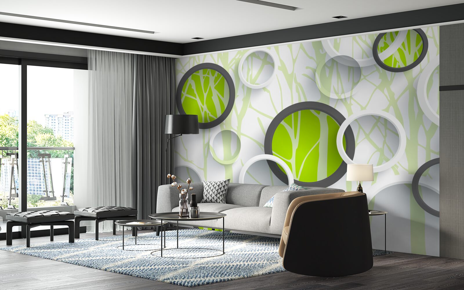 Fototapeta kręgi koloru zielonego przeplatane na zalesionym tle