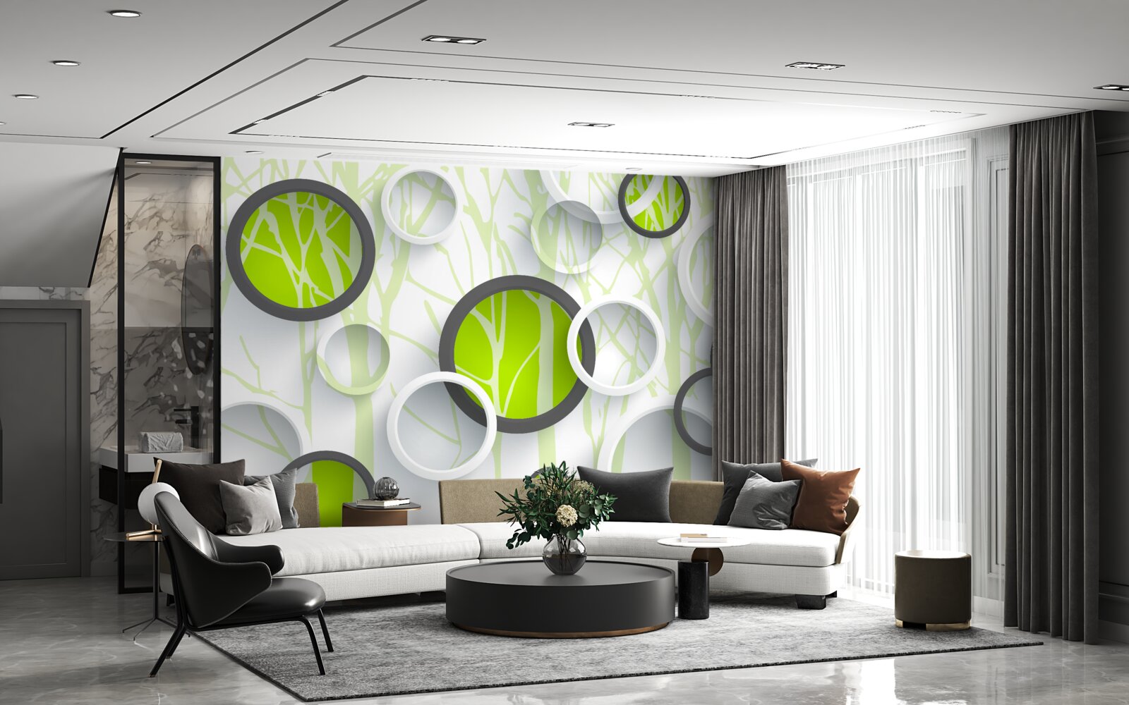 Fototapeta kręgi koloru zielonego przeplatane na zalesionym tle