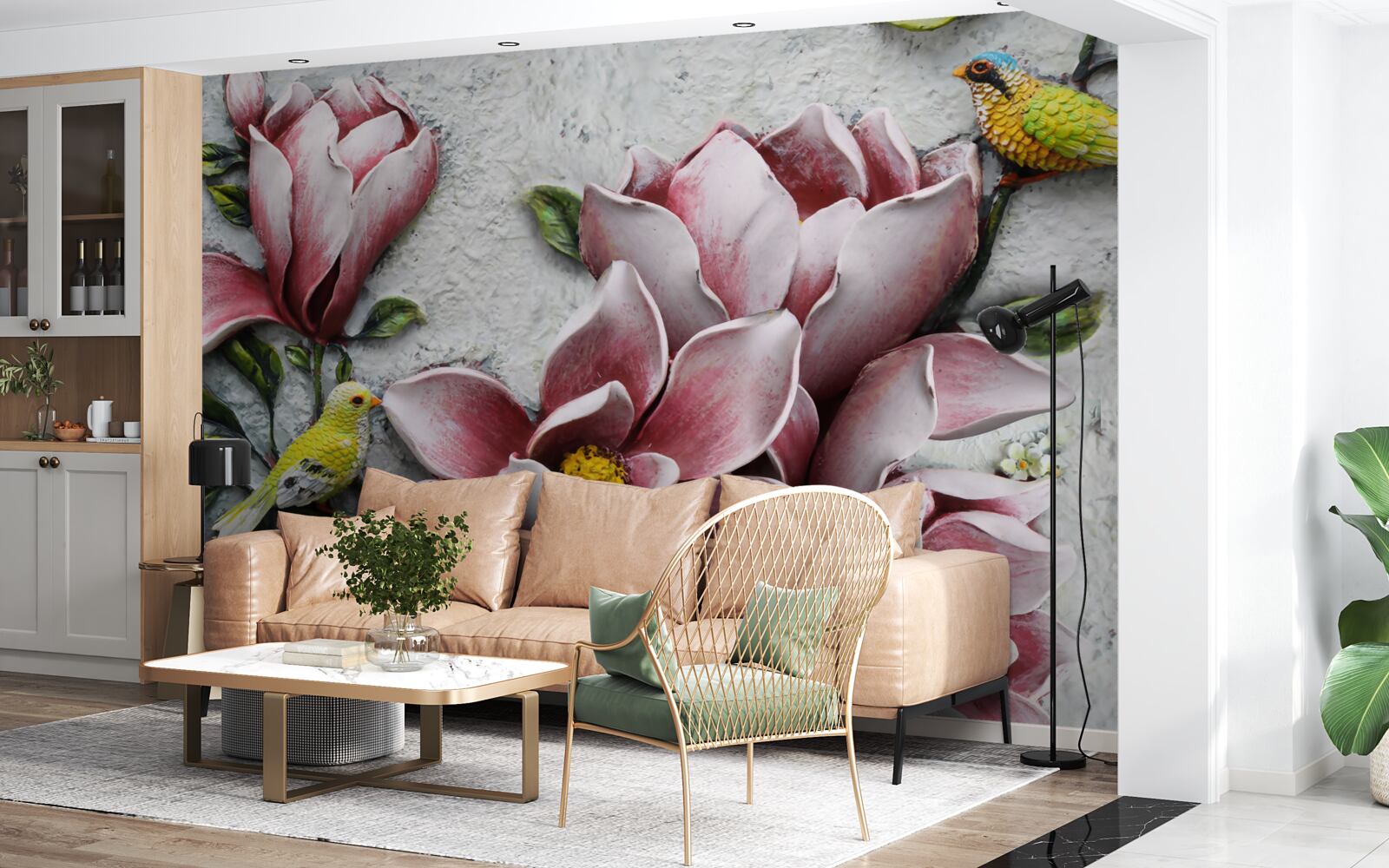 Fototapeta lotos jest czerwono-biały, a ptaki jasnożółte