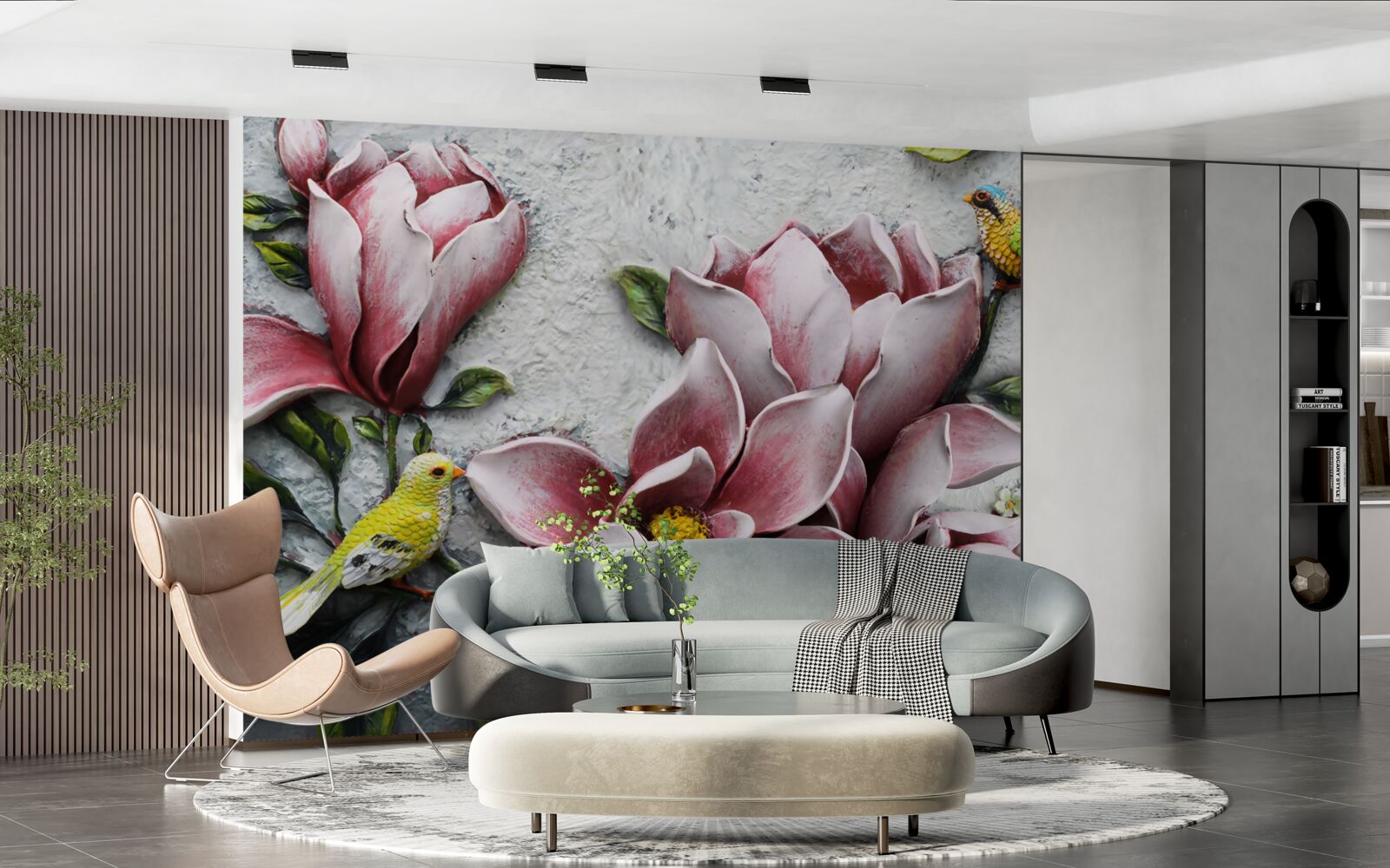 Fototapeta lotos jest czerwono-biały, a ptaki jasnożółte