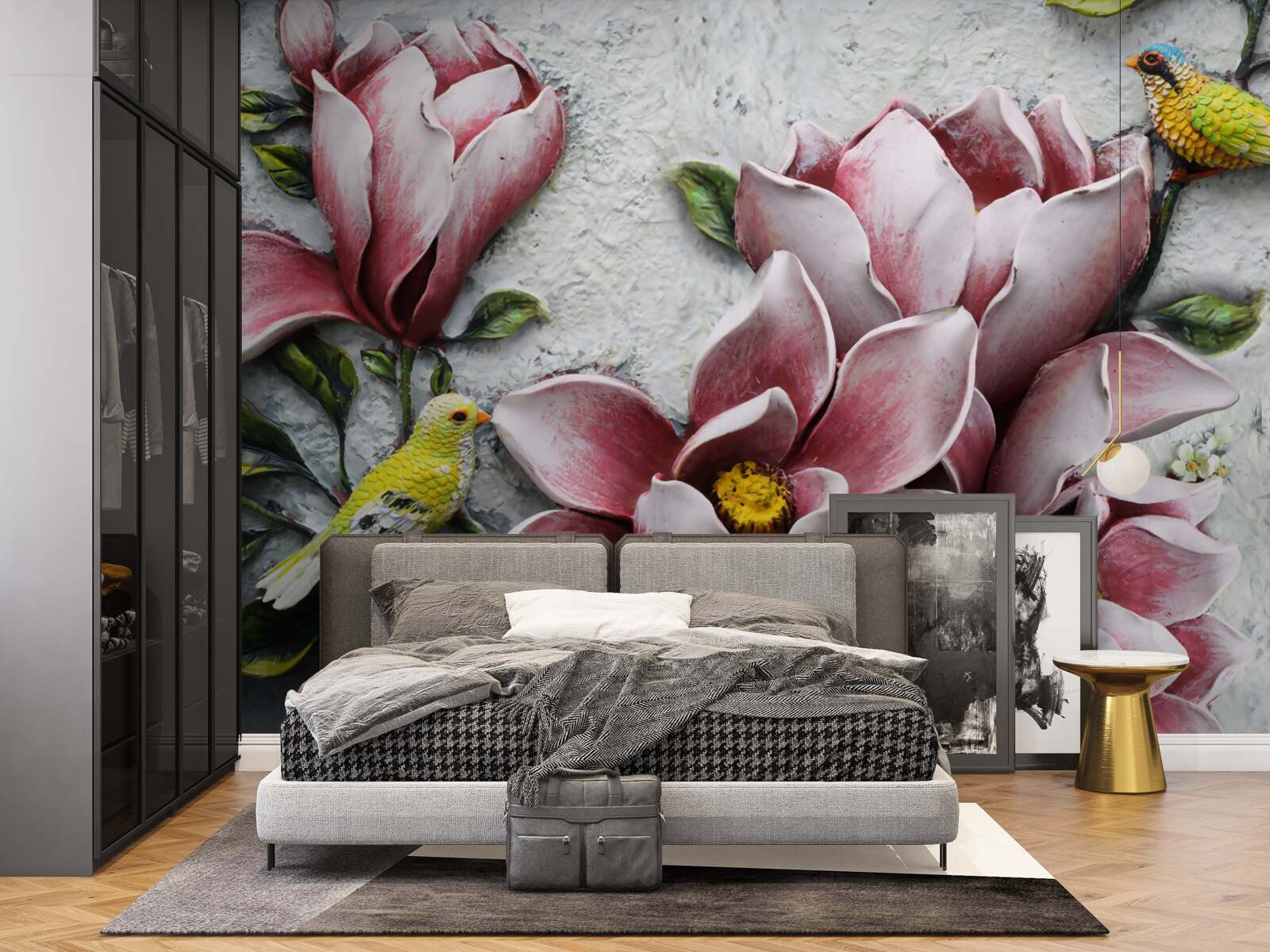 Fototapeta lotos jest czerwono-biały, a ptaki jasnożółte