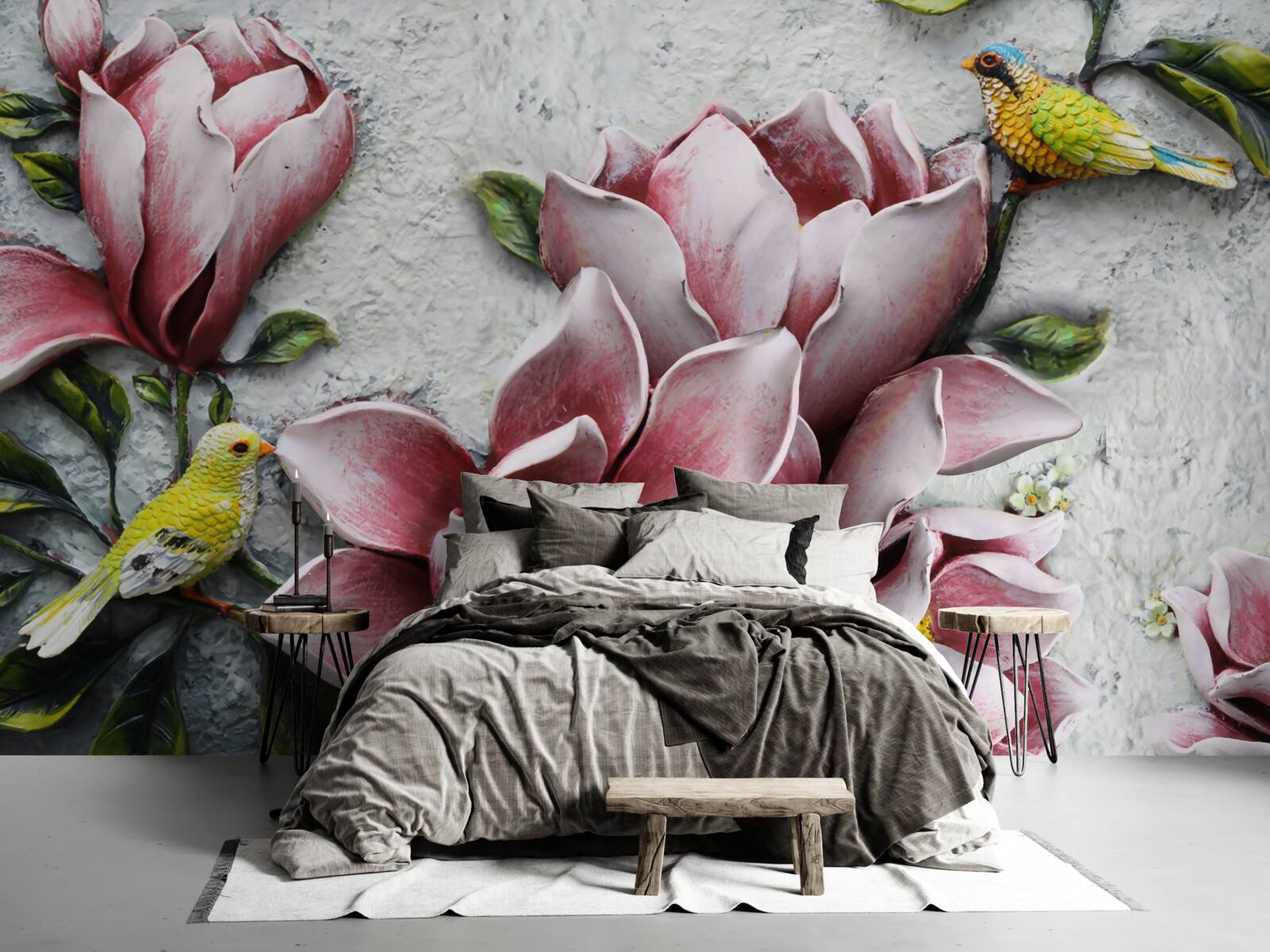 Fototapeta lotos jest czerwono-biały, a ptaki jasnożółte