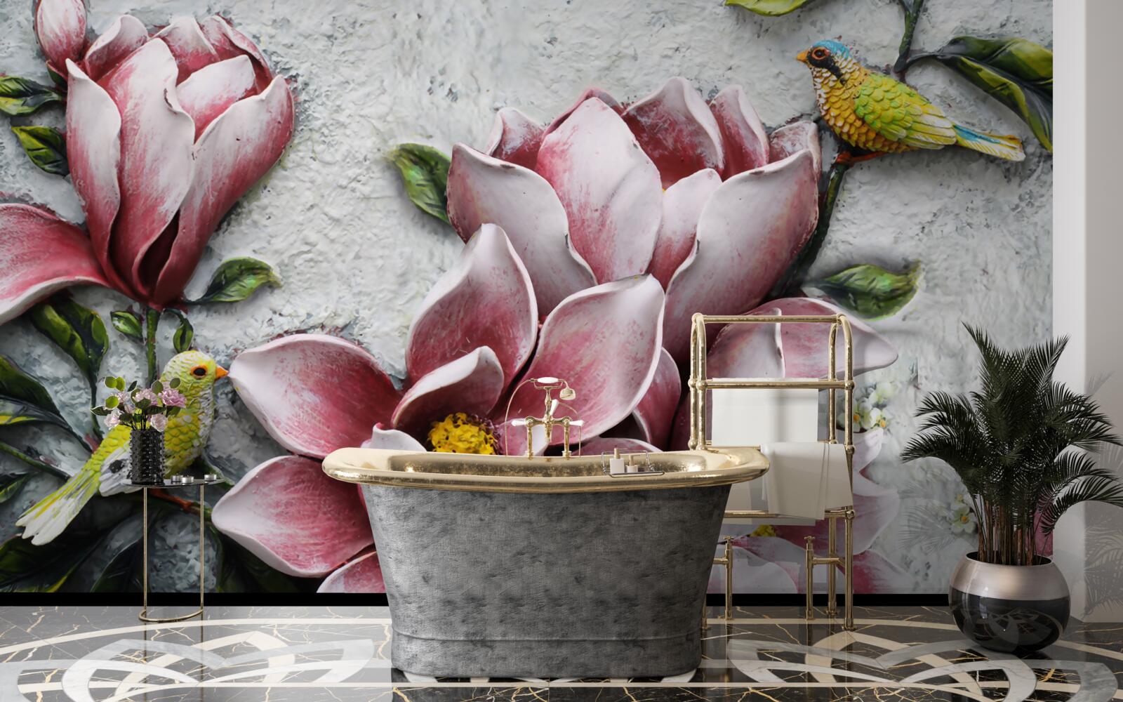 Fototapeta lotos jest czerwono-biały, a ptaki jasnożółte